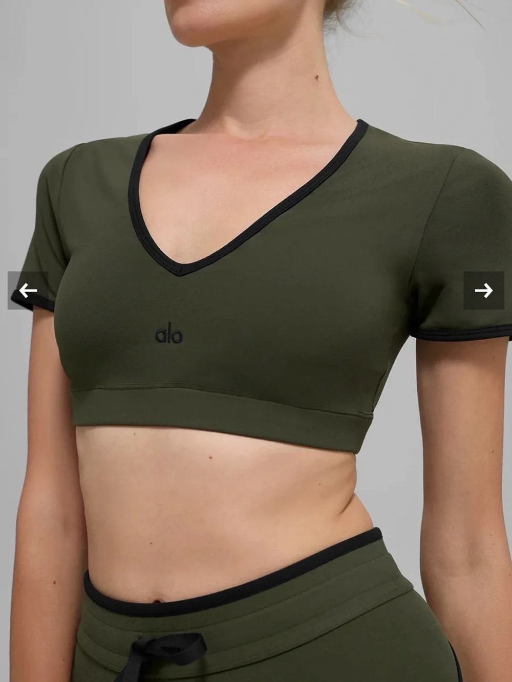 ALO Yoga Olive Crop V-Neck Top with Black Trim